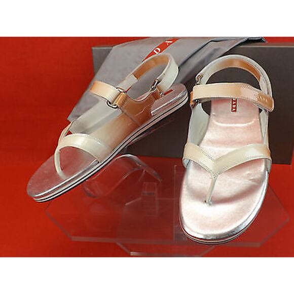 PRADA PATENT OMBRE LEATHER FLATS TWO TONES GLADIATOR LOGO THONG SANDALS 37.5 - Picture 12 of 12